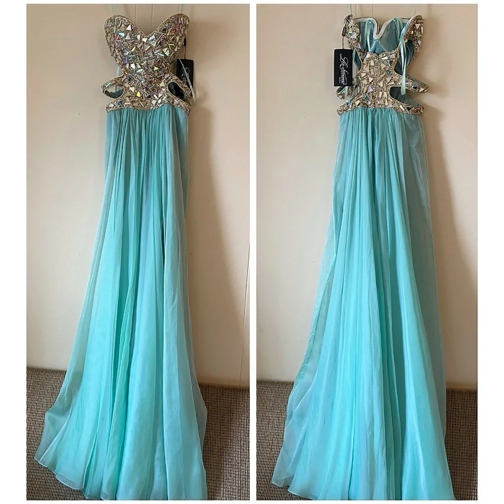 La Femme Blue Embellished Sequin & Gemstone Strapless Chiffon Dress Gown